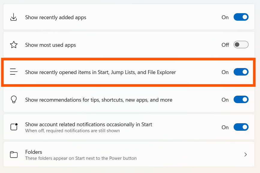 Turn off “Show recently opened items in Jump Lists on Start or the taskbar."